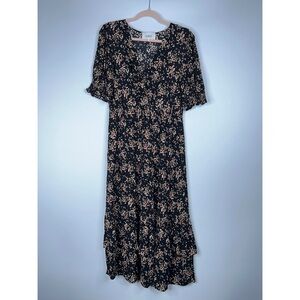 ba&sh Black Floral Midi Dress Dark Florals Short Sleeve Flowy New Size Large